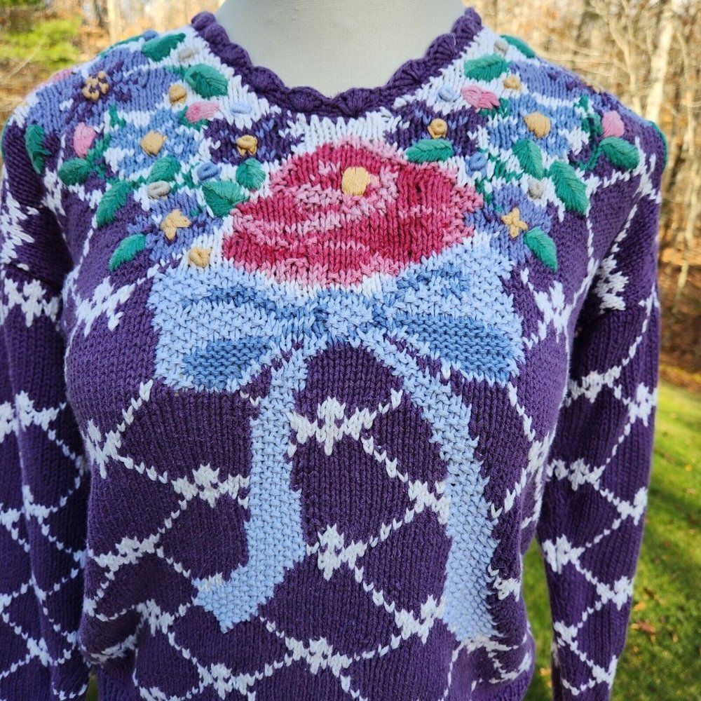 Signatures By Northern Isles Sweater 1990s Floral Bow Hand Knit Cotton Medium - Picture 2 of 7
